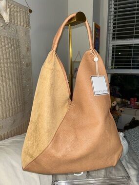 Shiraleah Two-Tone Tan/Beige Hobo Arden Tote Vegan Leather 13”x 16” NWT